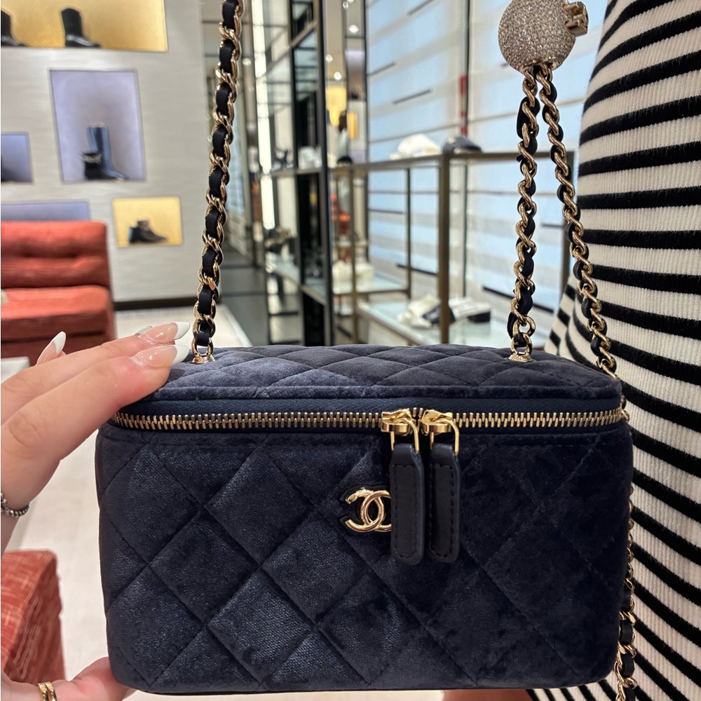 Chanel Navy Quilted Velvet Shoulder Bag
